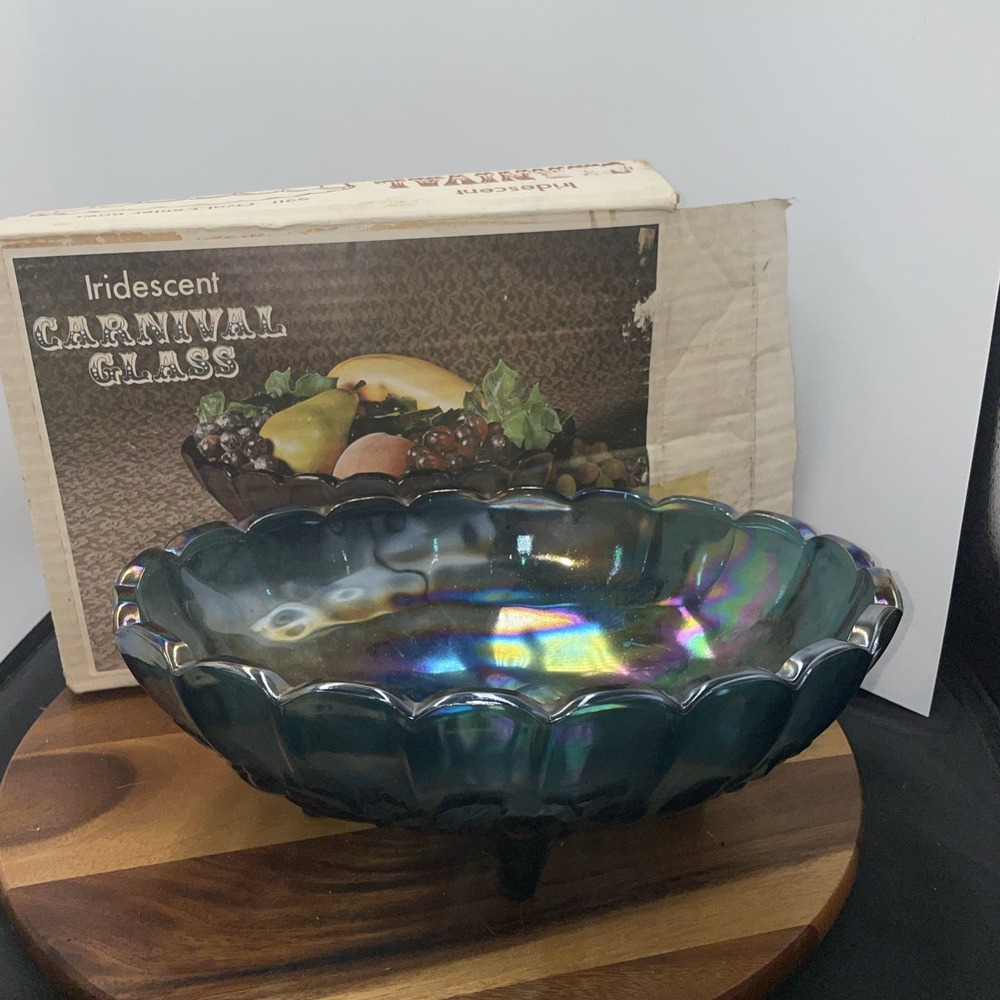 VNTG IndianaGlassHarvestGrapeBlue Carnival‎ Glass 4 Toed Oval Bowl 12" W Org Box